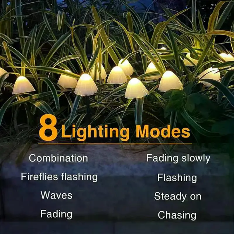 C2 Solar Mushroom String Lights, 8 modos LED, Fairy Light, ao ar livre, IP65 impermeável, lâmpada de gramado, paisagem