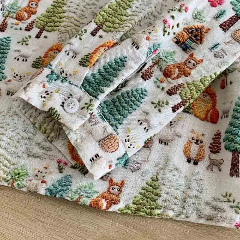 Filato di cotone autunnale top Casual stampa di cartoni animati camicia a maniche lunghe animale camicie a Base di filato a doppio strato da donna all'ingrosso S070