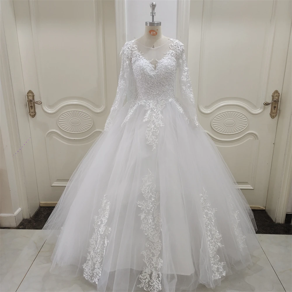Customized ZJ9320 Boho Lace Tulle Wedding Dress Princess Champagne A-Line V-Neck Long Sleeves Appliques Illusion Backless Bridal