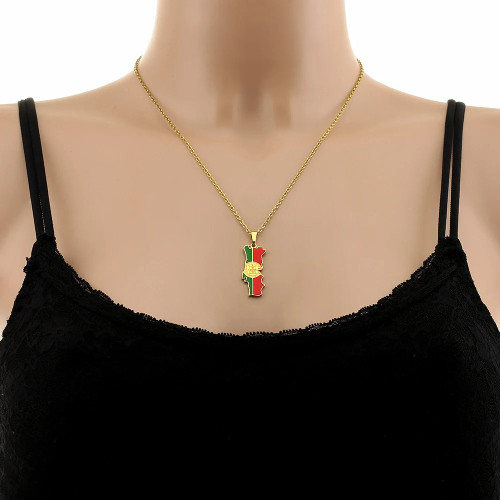 US EU Hot Sale Stainless Steel Enamel Portugal Map Flag Necklace Unisex Couple Ethnic Patriotic Jewelry Gift Trendy Accessory view 2