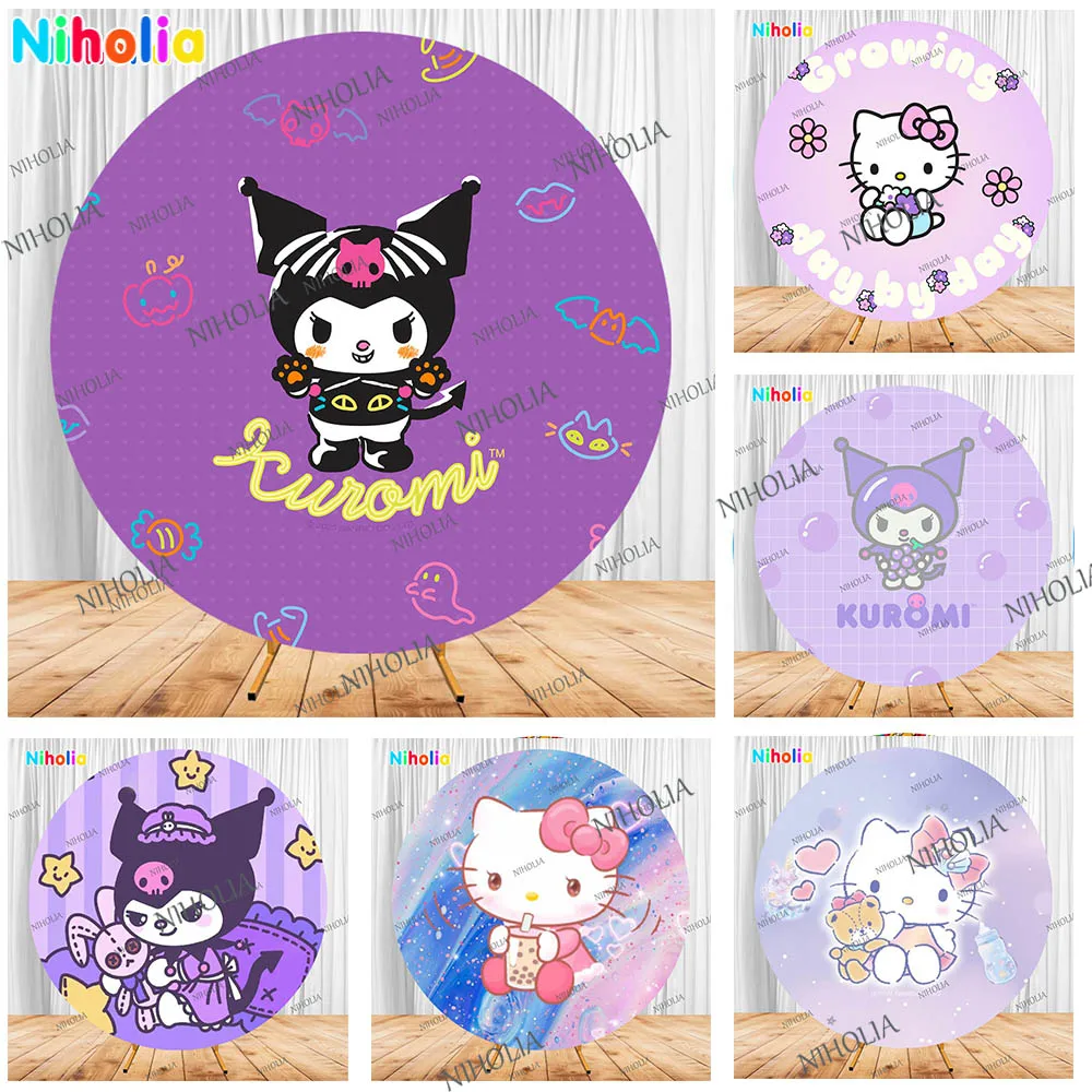 غطاء خلفية مستدير من Kuromi Hello Kitty Kids حفلة عيد ميلاد خلفية استحمام الطفل استوديو الدعامة الديكور التصوير الفوتوغرافي