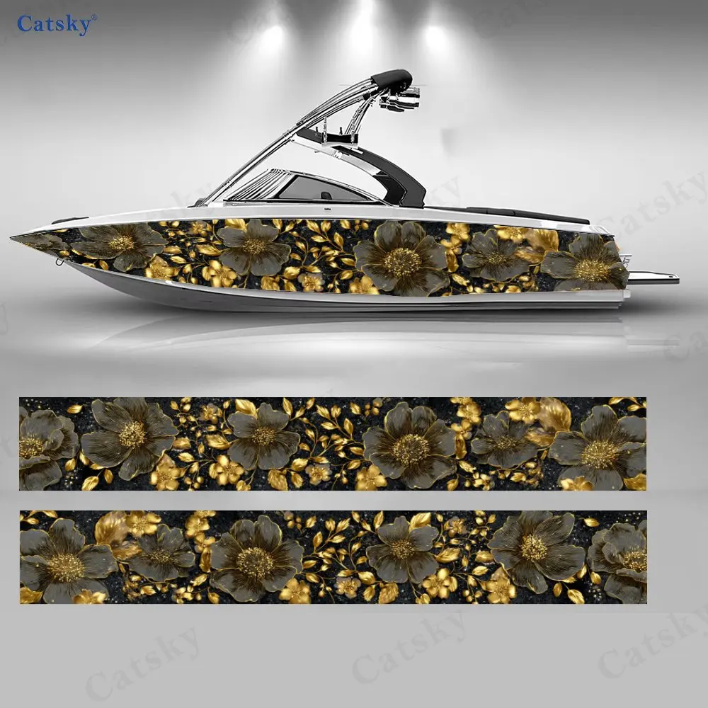 

2 шт. черно-золотые наклейки с цветочными узорами для лодок, водонепроницаемые виниловые наклейки из ПВХ для рыболовных судов, прочные и стильные.