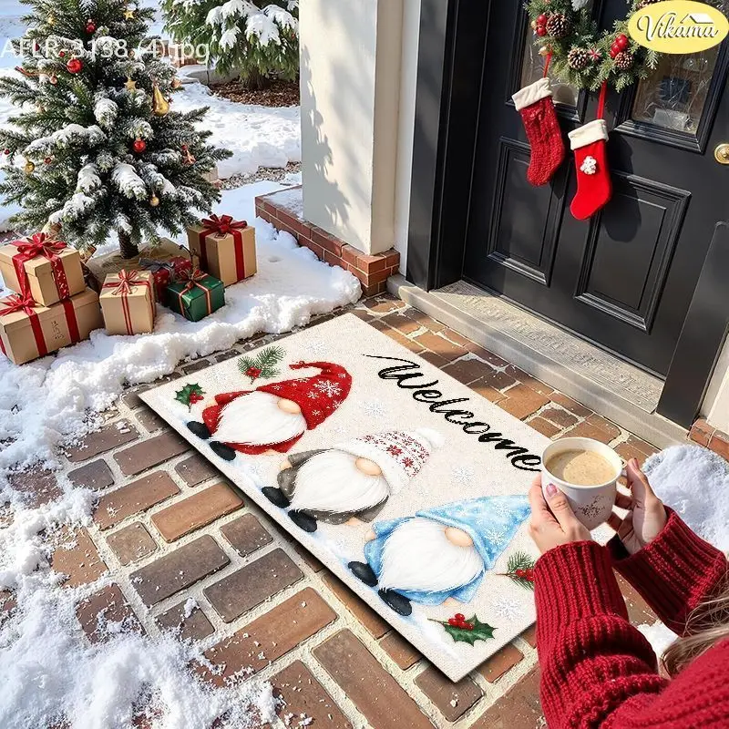 VIKAMA Welcome Gnome Blue White Hat Entryway Rug Non Slip Low Profile Mats for Outside Front Door Xmas Holiday Decor Soft
