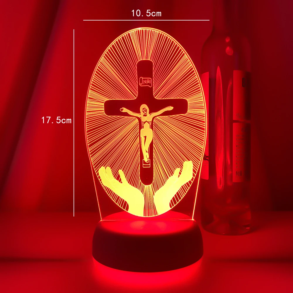 Jesus Cross 3D LED Night Light for Friends Xmas Easter Room Decor Gifts Crucifix Optical Illusion Desk Table Lamp Nightlight