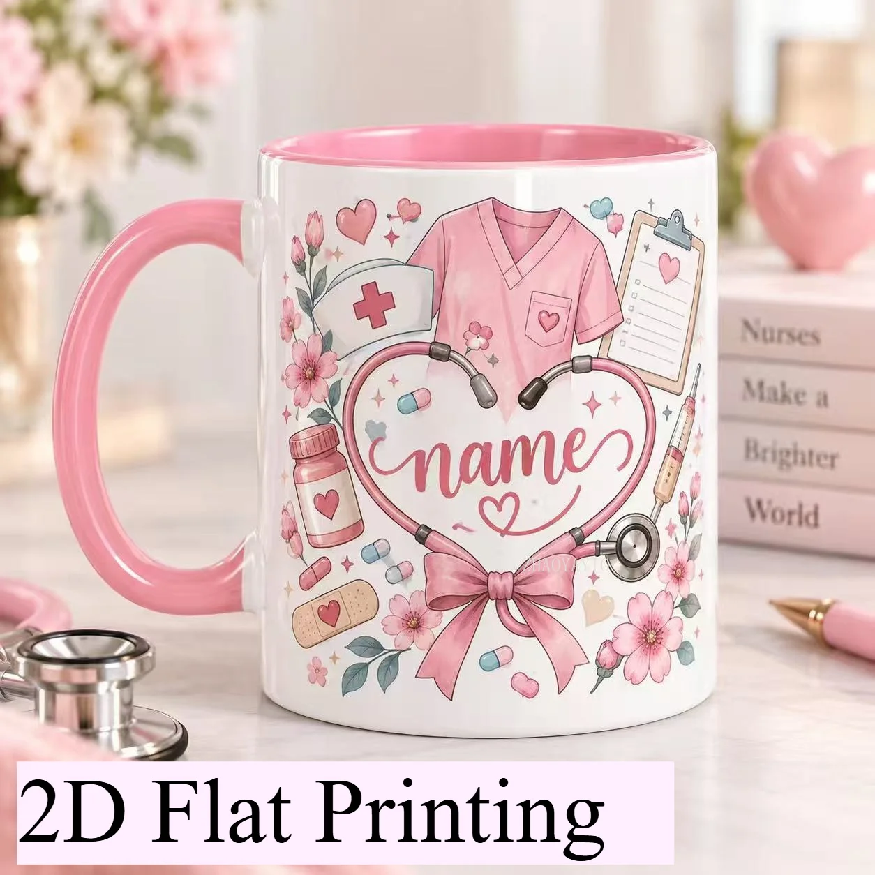 Personalized Nurse Novelty Ceramic Mug 2D Print Custom Name Pink Uniform Stethoscope Flower Print Clinic Gift 11oz