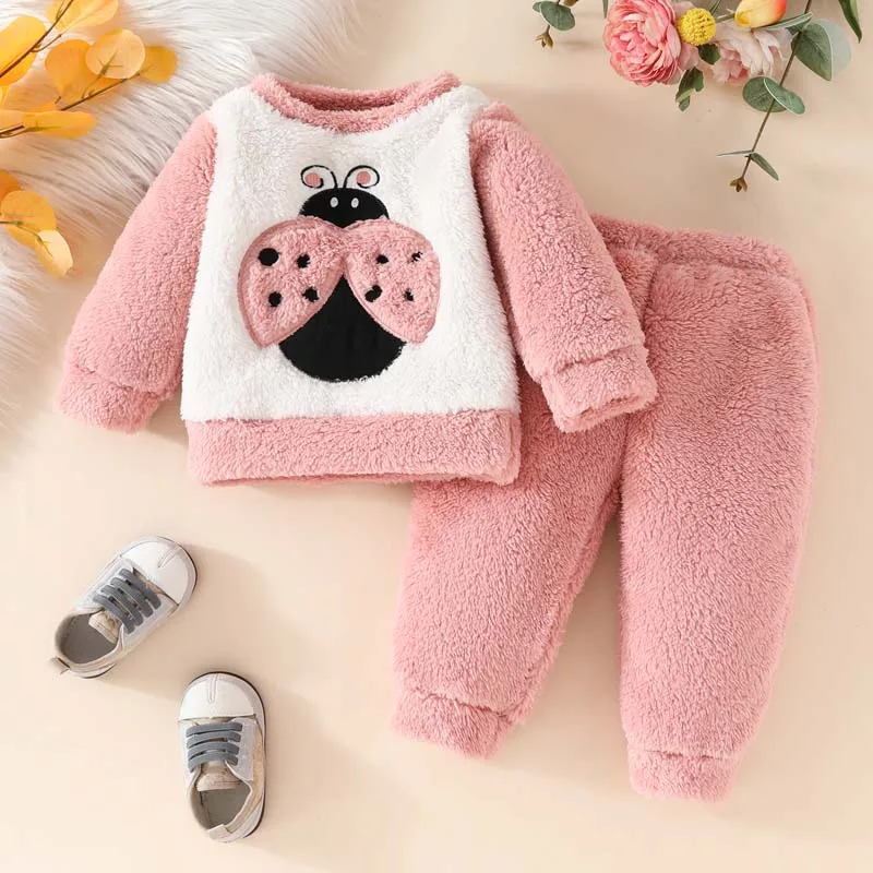 

1-3 Years Winter Baby Girls Clothes 2 Piece Set Long Sleeve Plush Ladybug Embroidered Top & Pants Outfits