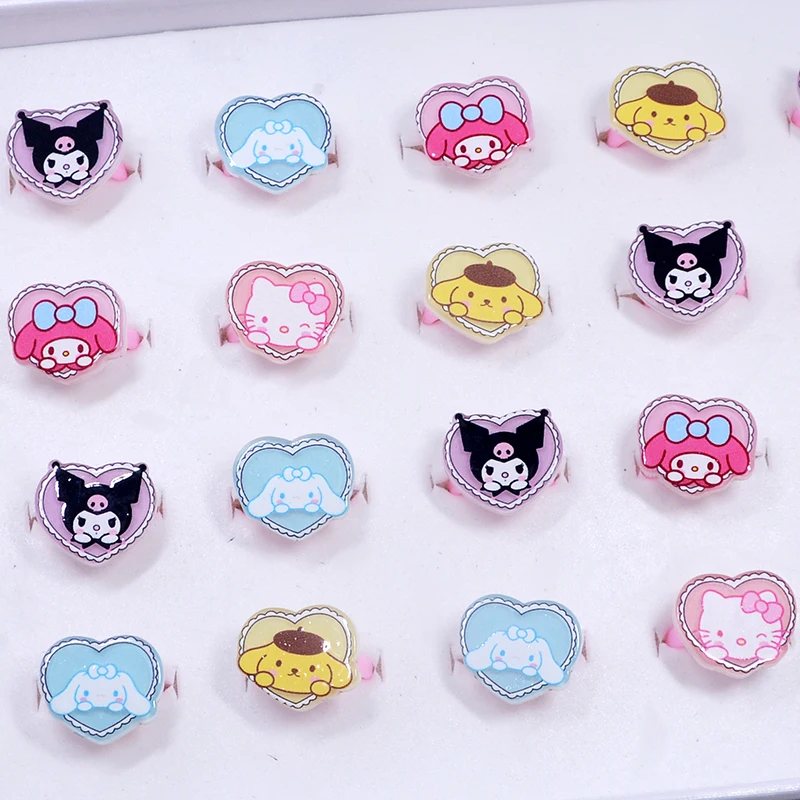 10/20pcs Cartoon Sanrio Ring heart shape Kuromi Hello Kitty Melody Kawaii Anime Cinnamoroll Adjustable Ring Toy Gift