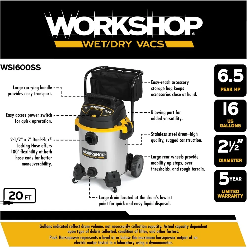 Aspirapolvere umido/secco in acciaio inossidabile da 16 galloni con potenza di picco da 6,5 HP e sistema di filtraggio