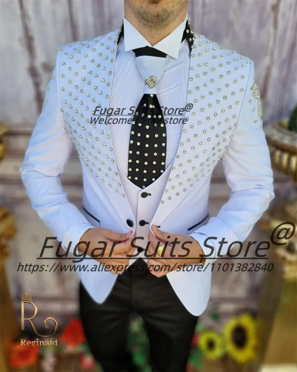 

Роскошные свадебные смокинги для жениха с блестящей вышивкой, приталенные мужские костюмы на заказ, комплект из 3 предметов с воротником-стойкой, элегантная мужская одежда