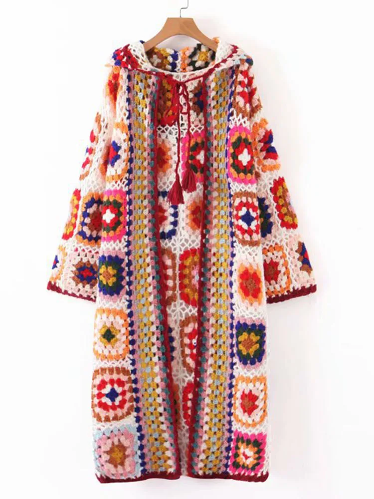 GypsyLady Vintage Handmade Kintted Sweater Cardigan Multicolor Crochet Hooded  Women Winter Cardigan Long Sweater Outerwear Coat