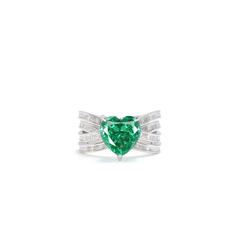 

BELLUX 925 Silver Gold Plated Synthetic Zircon Emerald Large Carat Heart Shaped Light Luxury Multi-layer Ring
