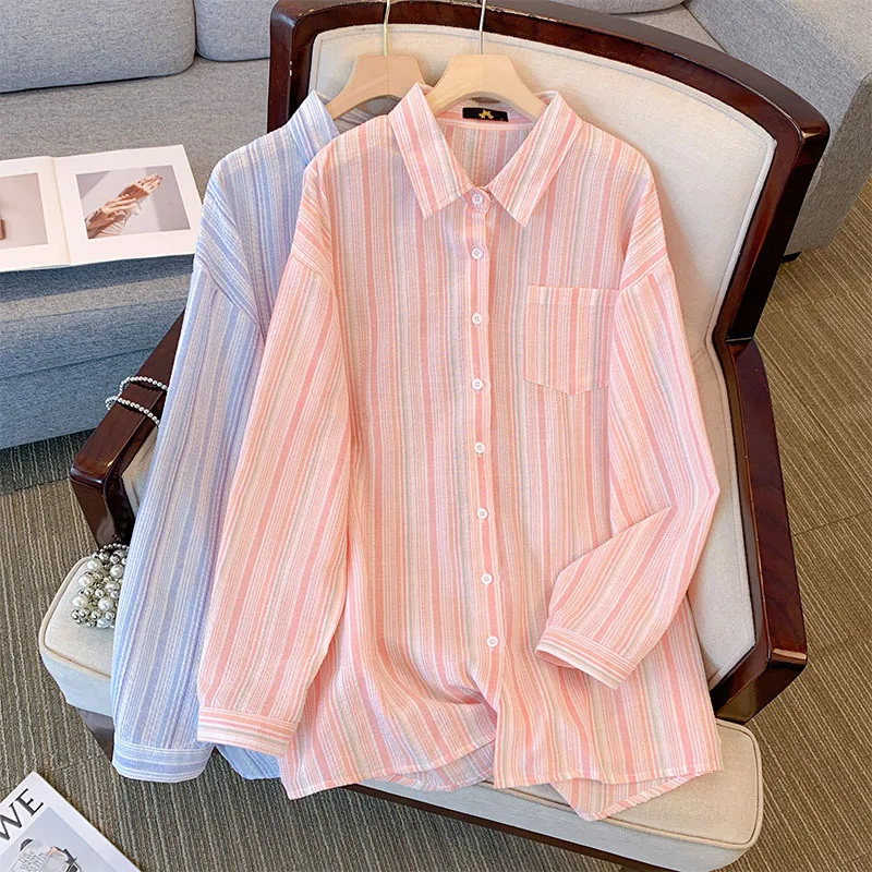 150Kg Plus Size Women\'s Bust 163 Spring Summer Long Sleeved Shirt Polo Collar Rainbow Striped Top 6XL 7XL 8XL 9XL 10XL