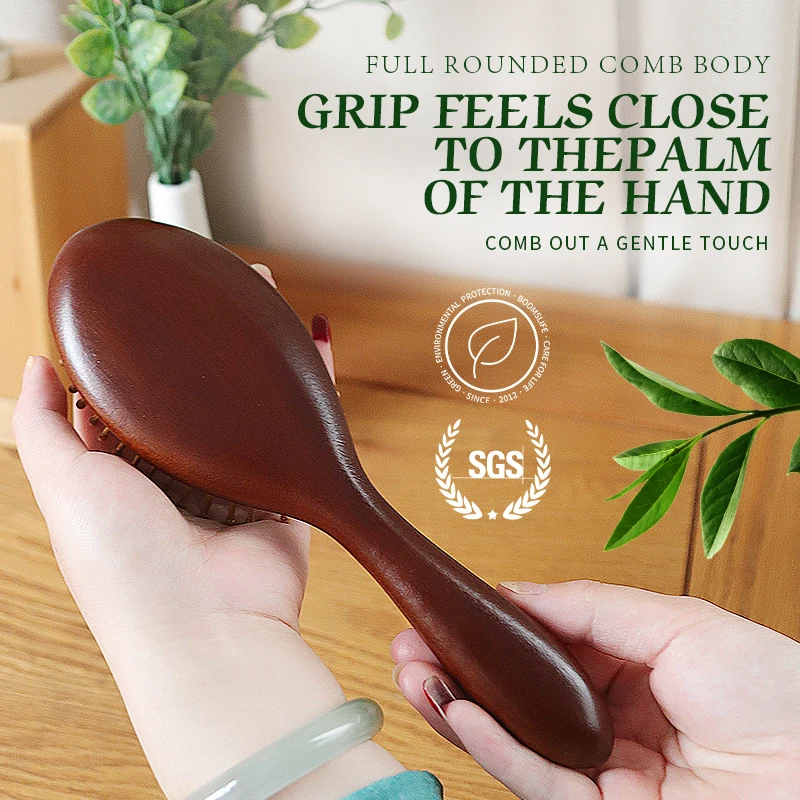 فرشاة شعر من خشب الصندل للنساء لتدليك فروة الرأس وأسنان خشبية واسعة مع فرشاة شعر مستديرة ومشط مضاد للكهرباء الساكنة لأداة تجميل الشعر