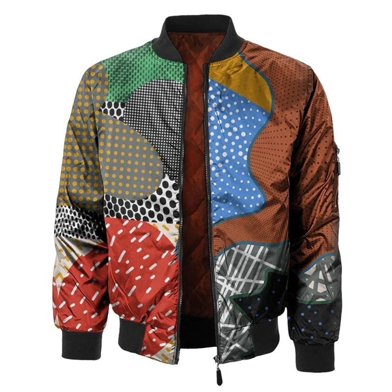 Retro Printing Patch Jacket Men\'s Clothing Stand Collar Zipper Long Sleeve Jackets Harajuku Streetwear Square Spots Bomber Coat