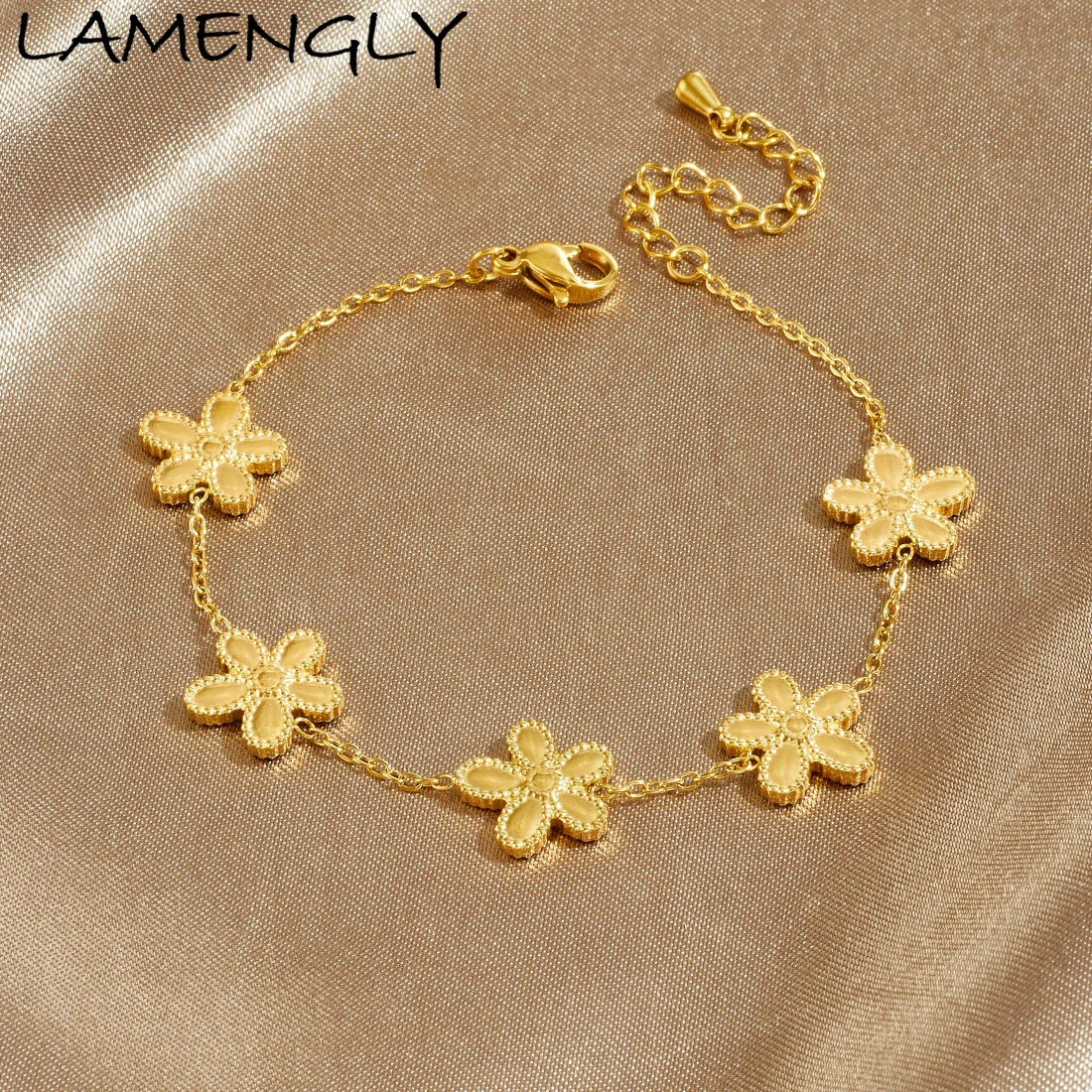 LAMENGLY 316L Stainless Steel Small Cylinder Surround 5-Leaf Flower Charm Bracelet Women Novel Trend Hand Chain Jewelry Gift