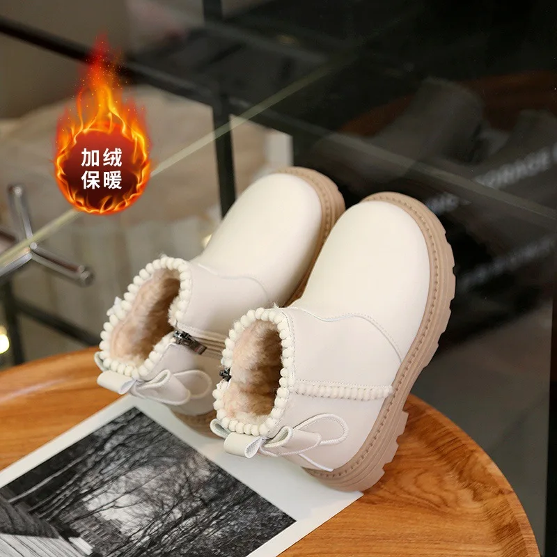 Kids'Boots Solid Color PU Leather Fleece-lined Fashion Winter Shoes For Girls Anti-slip Warm Black White Shoes Size 21-32