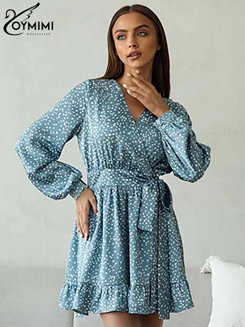 Oymimi moda azul impressão vestido feminino elegante cetim com decote em v manga longa vestidos de renda casual novo plissado mni vestidos femininos