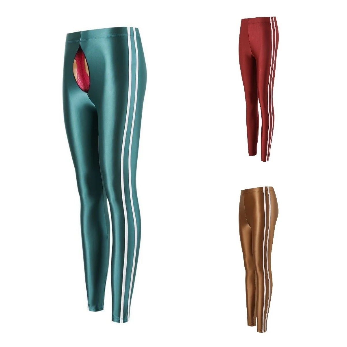 Zipper crotch glossy striped leggings pants High waist women Sexy slim seam workout leggings