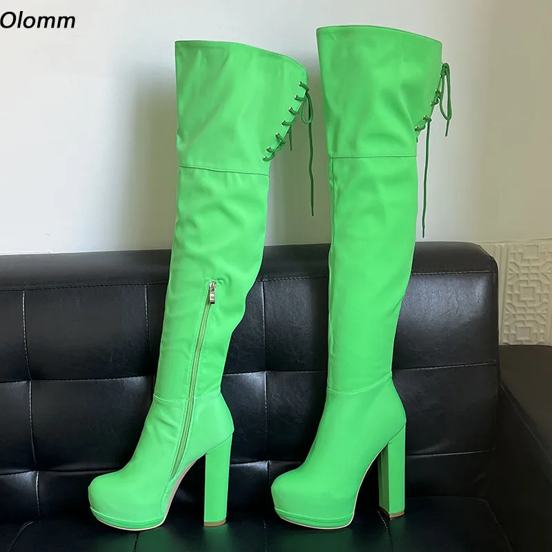 

Olomm/Новые женские зимние сапоги выше колена из лайкры на массивном каблуке с круглым носком, красивые зеленые туфли для вечеринок, размер США 5-20