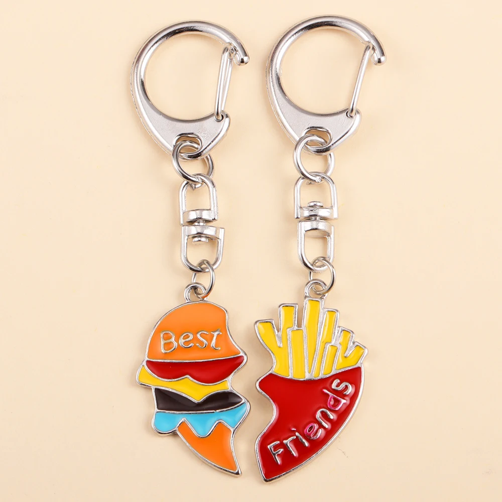 1Pair Creative Metal Enamel BFF Rainbow Hamburger Heart Pendants Keyring For Couple Friends Bags Car Key Accessories Wholesale