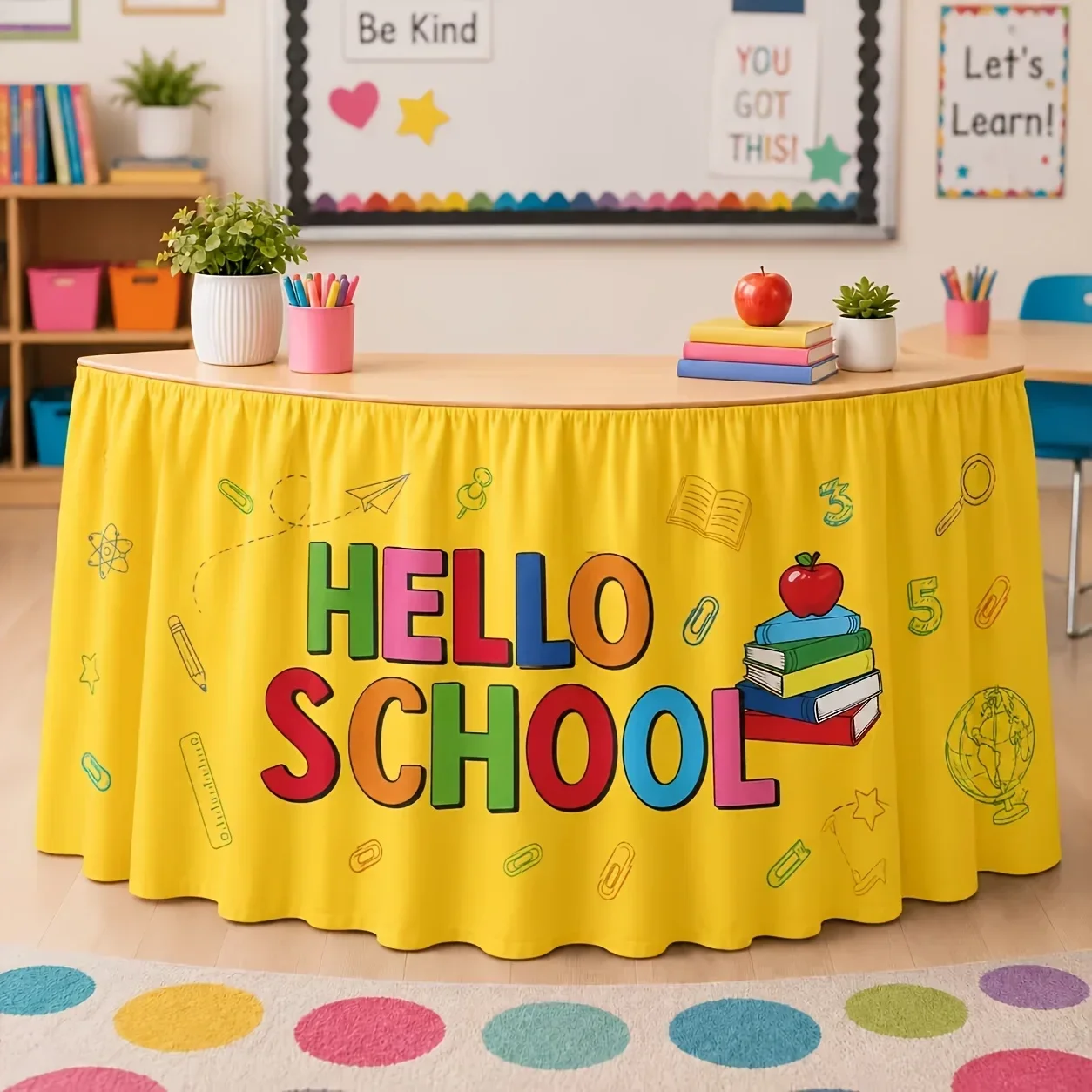 Back-to-school theme table skirt with cartoon learning supplies print - washable tablecloth skirtxzj