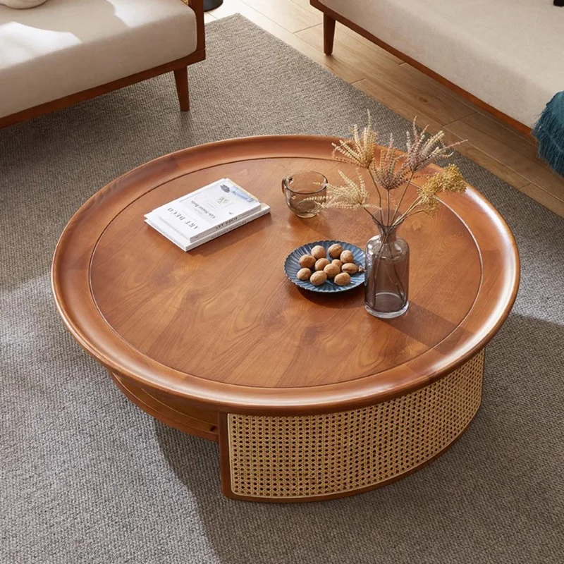 

м ​ ​ Круглые журнальные столики из массива дерева из ротанга, низкопрофильная современная минималистичная мебель для гостиной, домашний декор ​ м