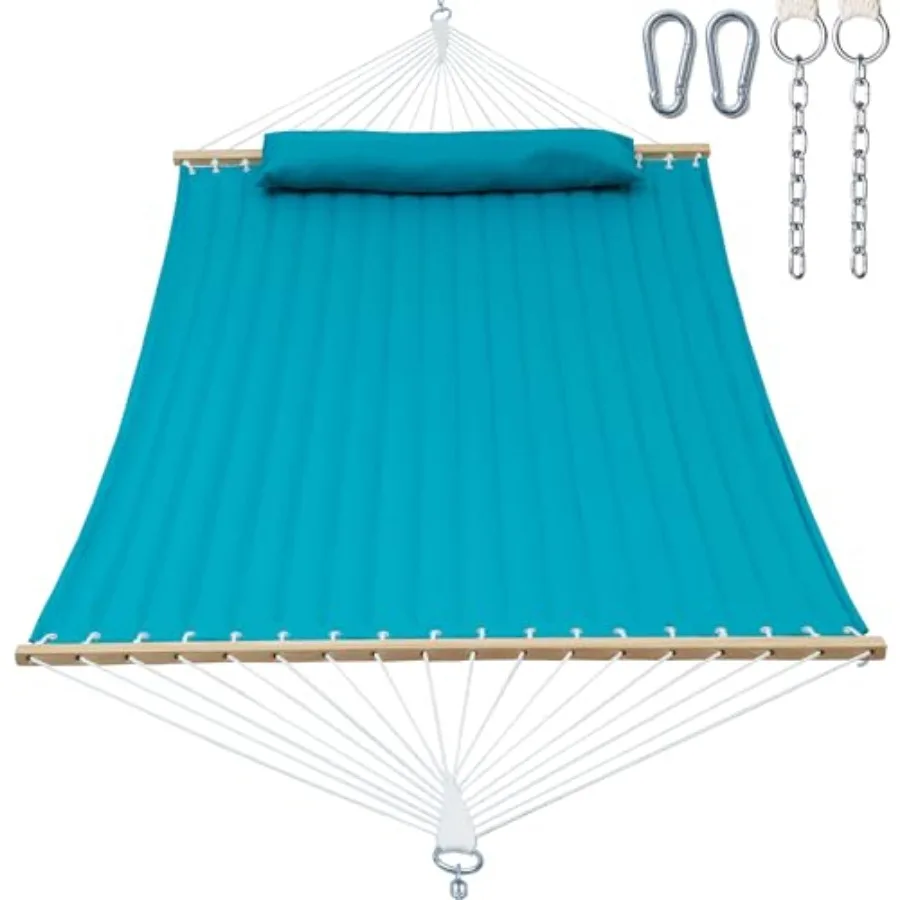 

Outdoor 2-person quilted fabric hammock with spreader bar, canyon creek aqua color, removable pillow and storage bag, max 475 l