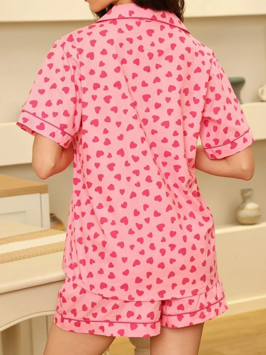 Women Pajama Set, Heart Print Short Sleeve Button Closure Top with Shorts Sleepwear Loungewear for Valentine’s Day