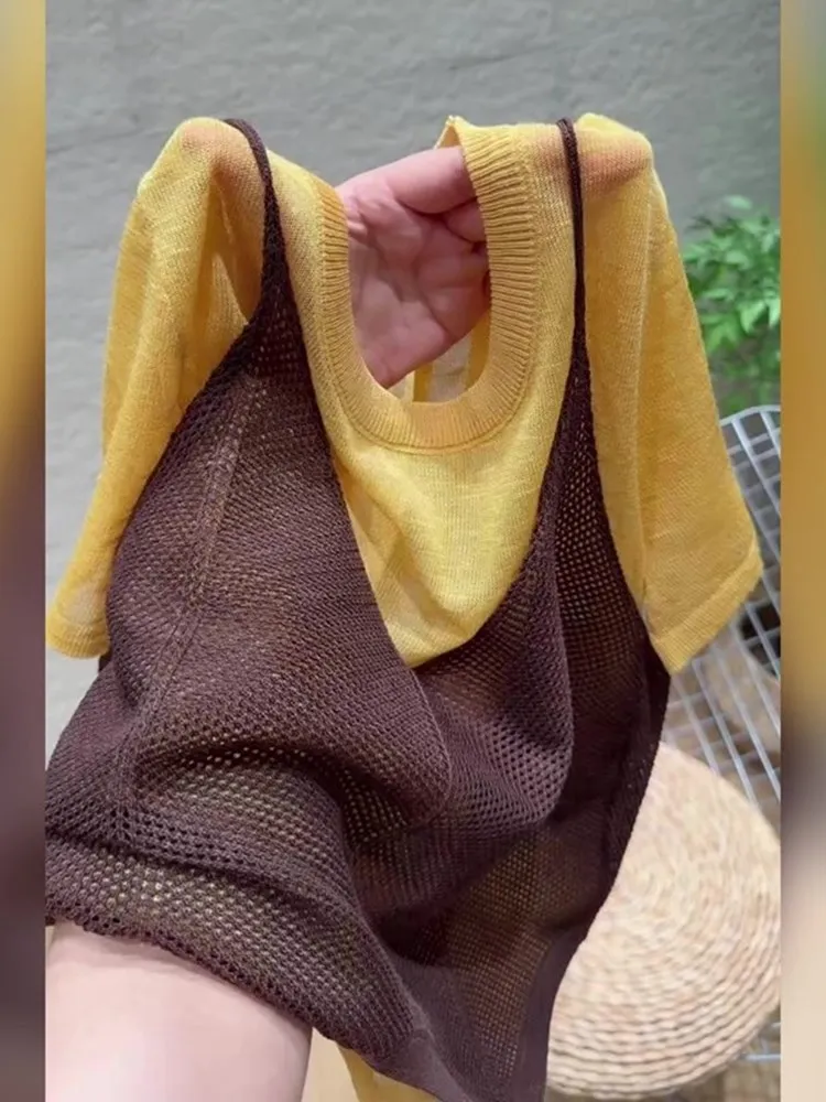 

Versatile Yellow Short Sleeve Crop Top And Vest Set Casual Summer Outfit True Two-Piece Coffee Color Belted Design