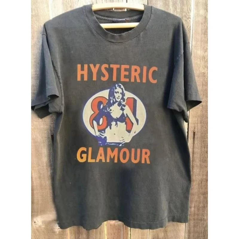 2026 Neues Unisex Kurzarm-T-Shirt Hysteric Glamour Retro 80er Pin-up Lady Grafik Distressed Washed Rundhals Streetwear Oberteil – Detail 5
