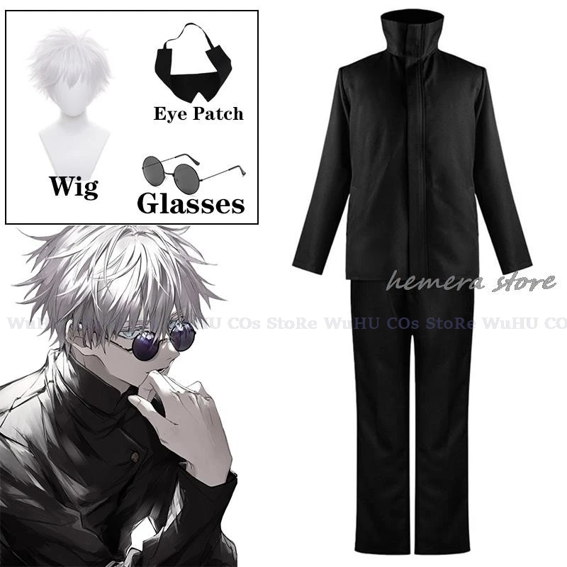 Gojo Satoru fantasia cosplay para homens, uniforme anime, tops, calças, olho remendo, peruca, festa de Halloween, terno JJK