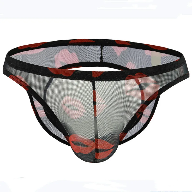 Men's Bulge Jockstrap Gays Sexy Lip Print Mesh Briefs Sissy Low Rise See-Through Backless Thong Breathable Sheer U Pouch Panties