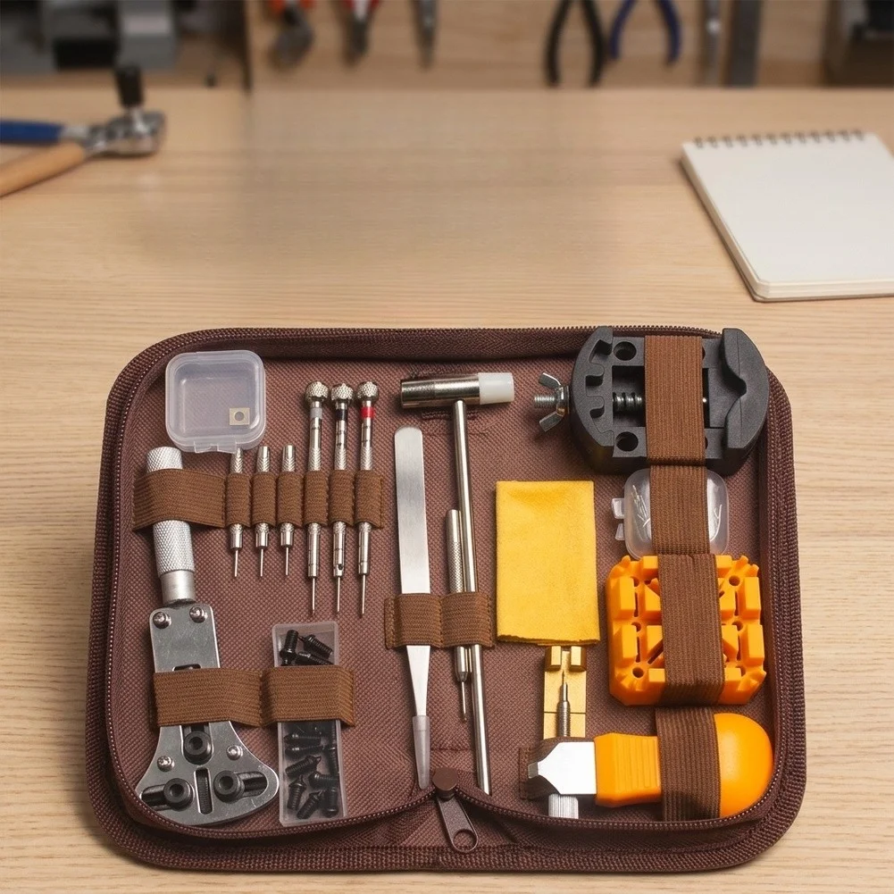 168-Piece Watch Repair Kit Featuring Case Opener Spring Bar Tool Pin Remover Screwdrivers and Tweezers for Full Watch Servicing