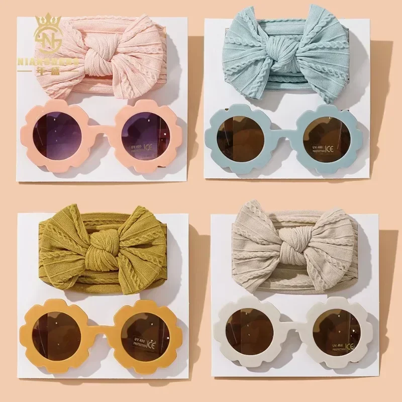 Wide Hairband Round Sunglasses for Kids,Solid Color,Cotton Bowknot,Baby Girls,Kids Hair Accessories,New,2pcs per Set