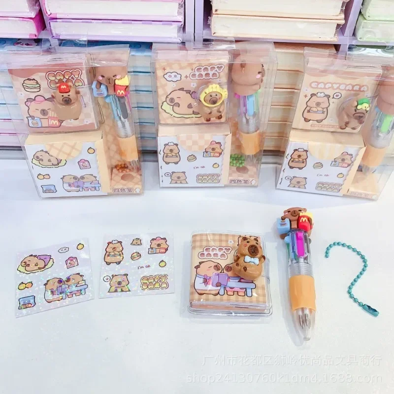 

Оптовая продажа: 24 шт. милых канцелярских принадлежностей с капибарой, портативный блокнот с 4 цветными ручками и дневником, школьный блокнот