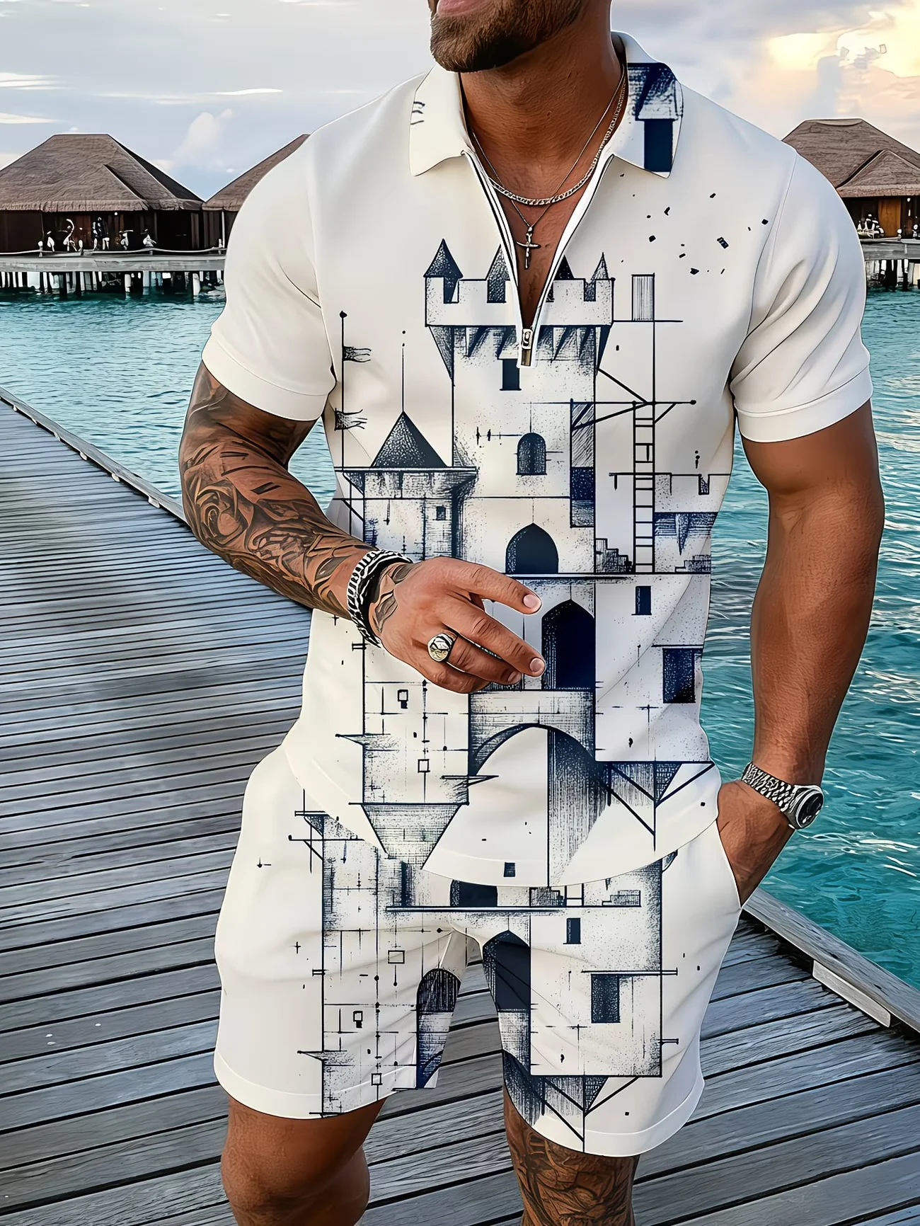 Castle Tower Men's Clothing Shirt And Shorts Set Summer 2pcs Outfit 3D Textured Polo Short Sleeve Sports Suits