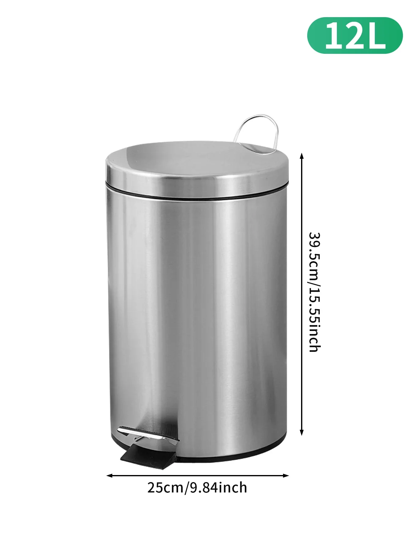 12L Dirt resistant mini rectangular bin with soft closing footboard, brushed stainless steel, for bathrooms and small Spaces