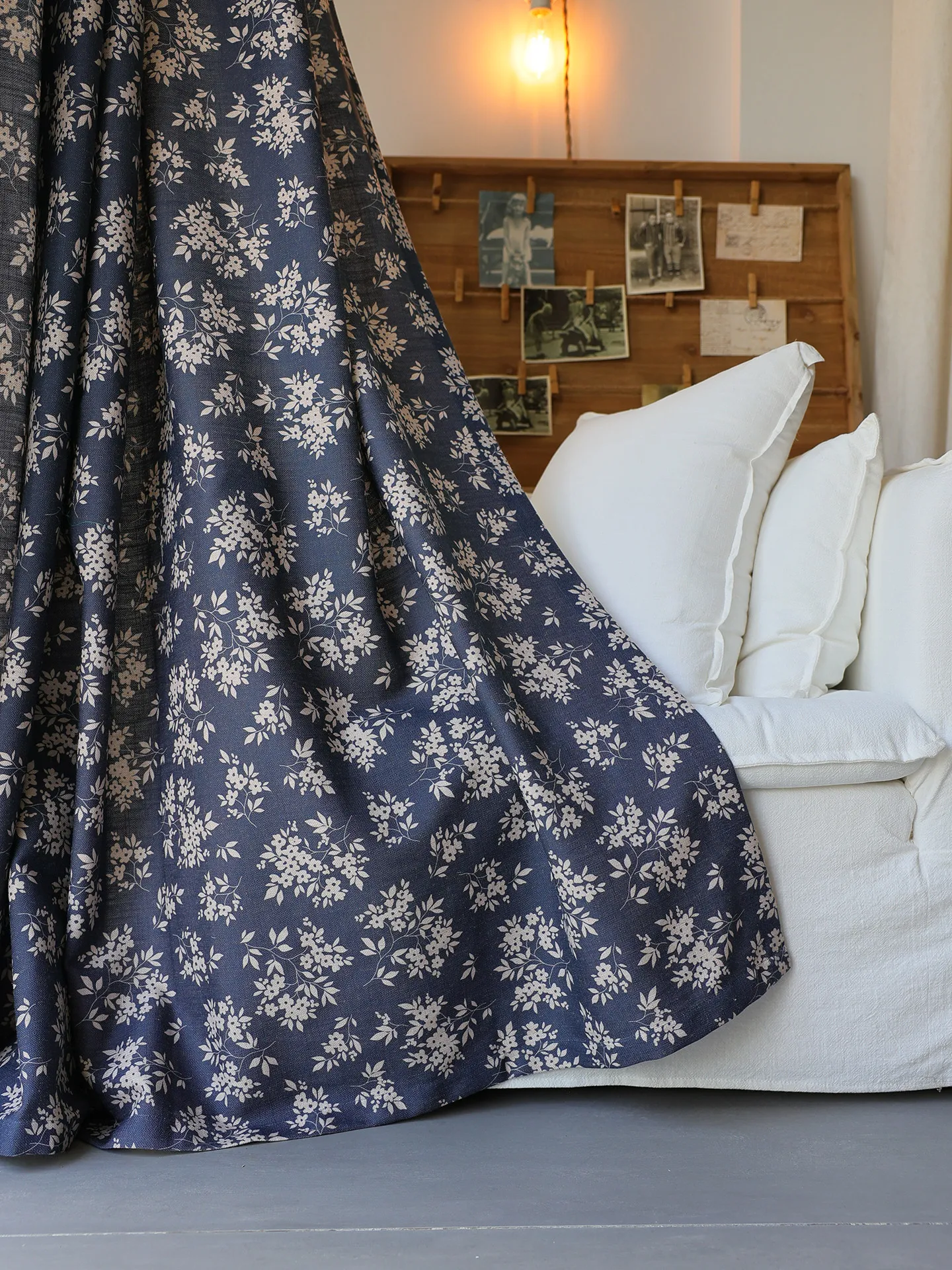 Chinese Retro Blue Printed Cotton Linen Small Floral Curtains for Living Room Bedroom Blackout Curtains Customized Finished