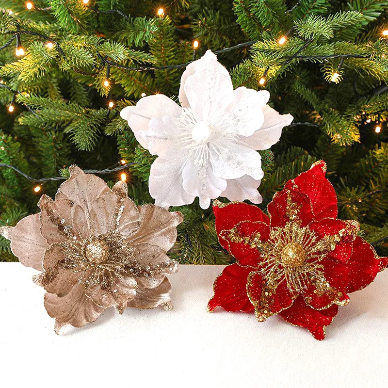 Glitter Sequin Christmas Flowers Christmas Tree Decorations Home Fake Flowers Christmas Ornaments New Year Decorations