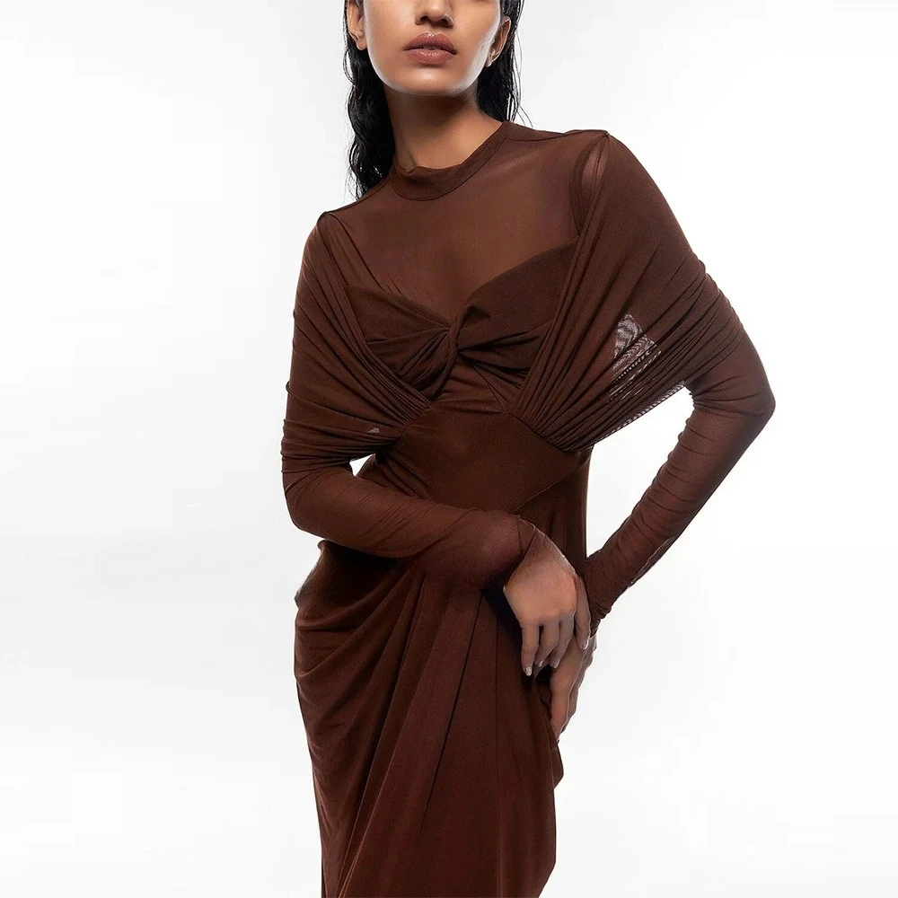 

Classic Women's Evening Dresses Customized Brown High Neck Long Sleeves Pleated Evening Gowns Sheath Party Dress 2025