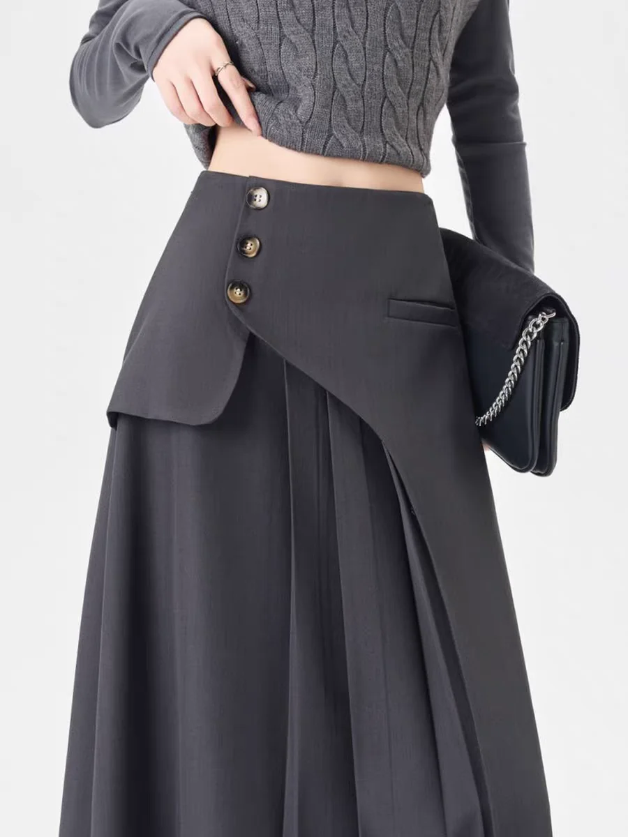 Grey Suiting Midi Skirts for Women High-Waisted A-Line Flare Skirt Perfect Hip-Camouflage Office Skirt for Autumn