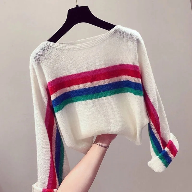 Female Fashion Loose Color Striped Knitted Pullovers Autumn Winter Women\'s Clothing Korean All-match Long Sleeve Thin Sweaters