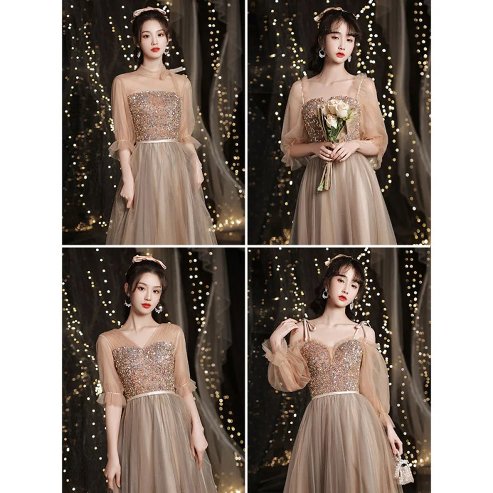 4 stili paillettes abito da damigella d'onore elegante Splicing Tulle Off The Shoulder Sleeve Belt Design Slim Fit Party Vestido