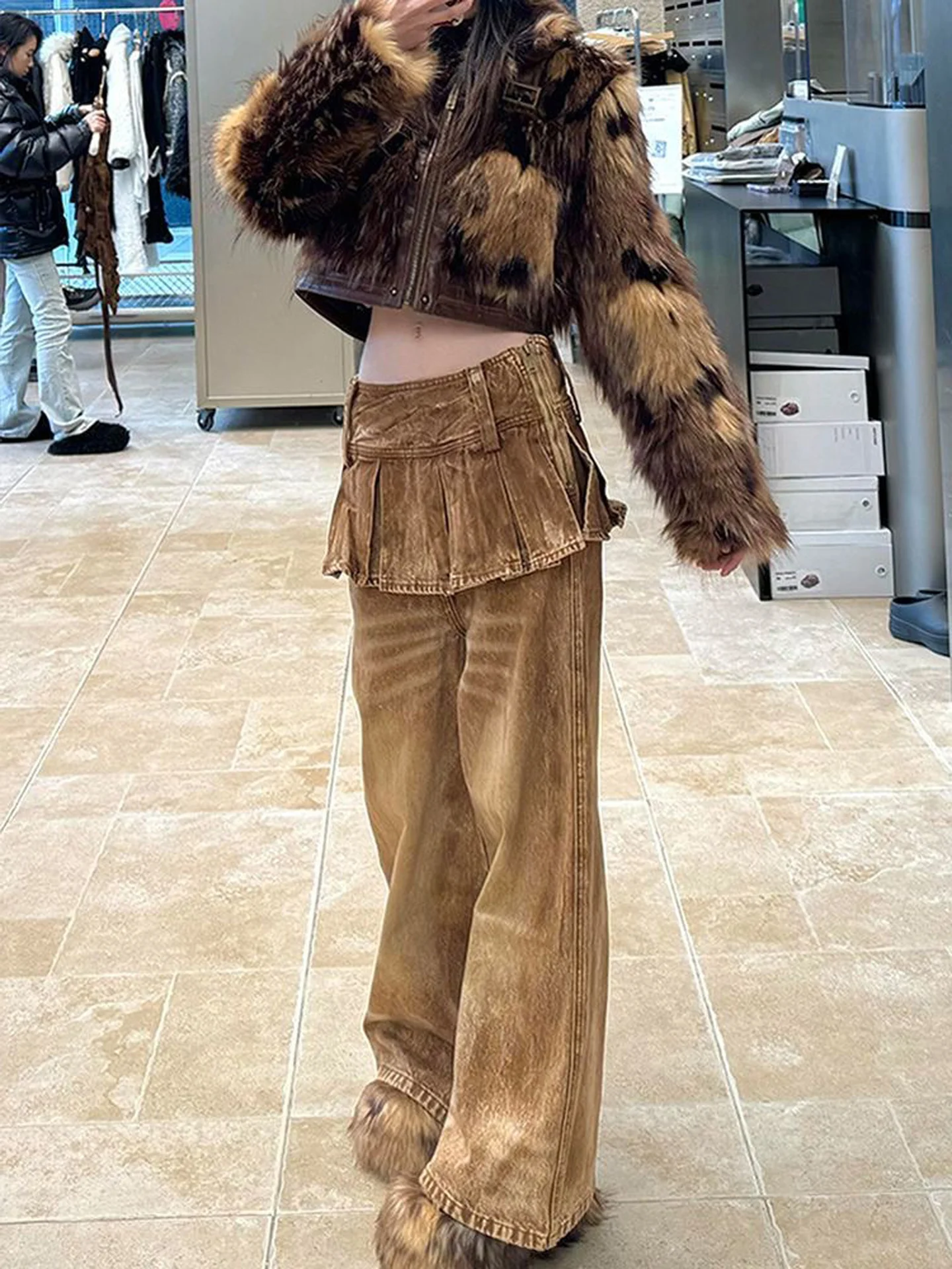 American Style Retro Detachable Two-Way Wear Denim Pants Women's Fall New Style Spicy Fashion Fake Two-Piece Micro Flared Flo...