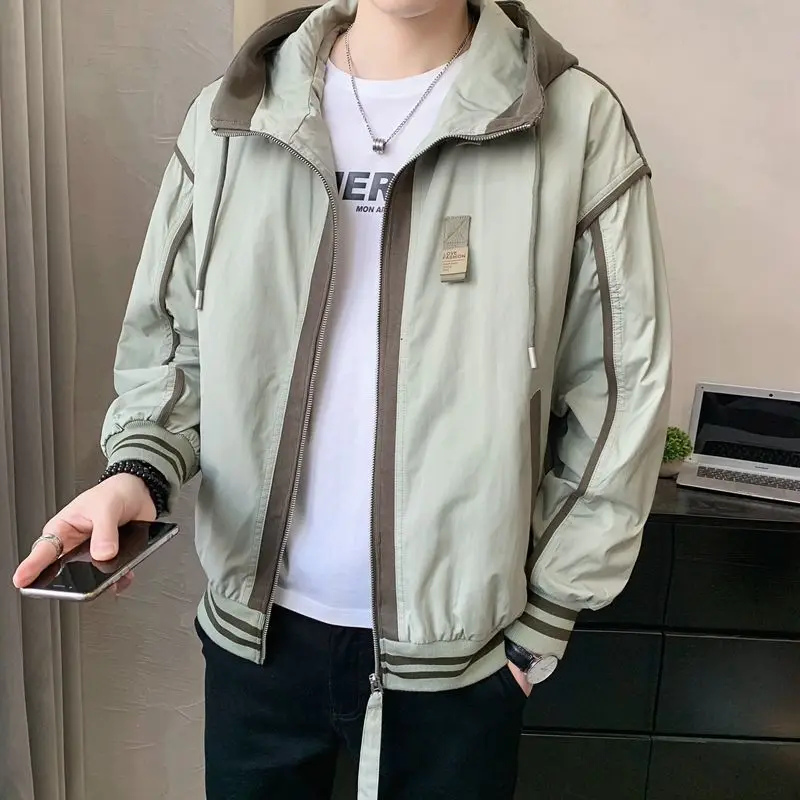 Spring Autumn Jackets Men Patchwork Zip Up Cargo Jacket Loose Casual Long Sleeve Hooded Tops Black White Green Men Clothing New