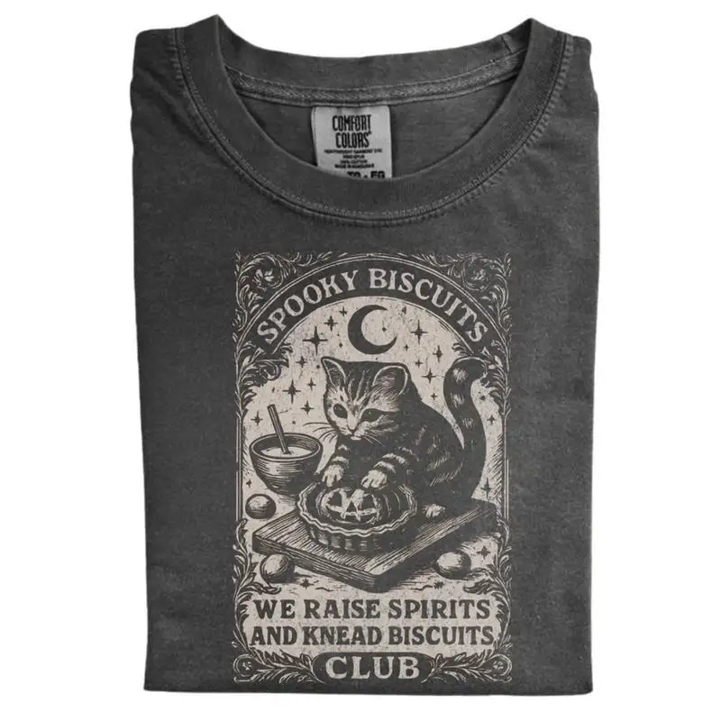 

Vintage washed short sleeved black cat T-shirt, Halloween pattern shirt, vintage Halloween cat T-shirt, unisex round neck T-shir