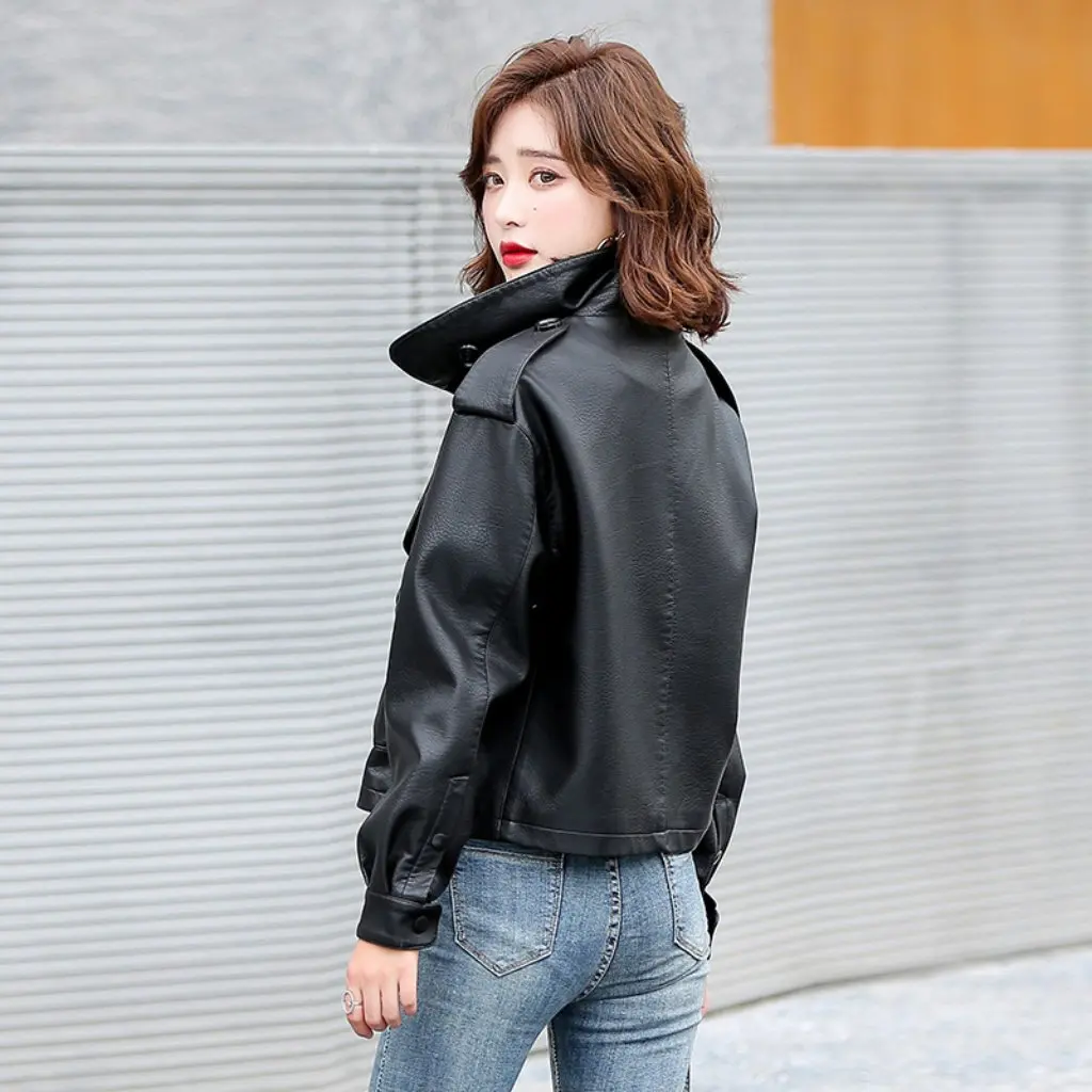 Kafu Landi Jaqueta de couro feminina estilo coreano outono/inverno casaco PU Jiang Shuying Textura 7009 Padrão