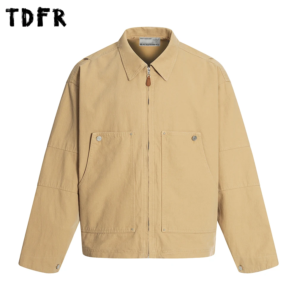 

Pocket Cargo Jacket Mens Autumn Spliced Solid Color Retro Casual Loose Lapel Long Sleeve Outerwear Man