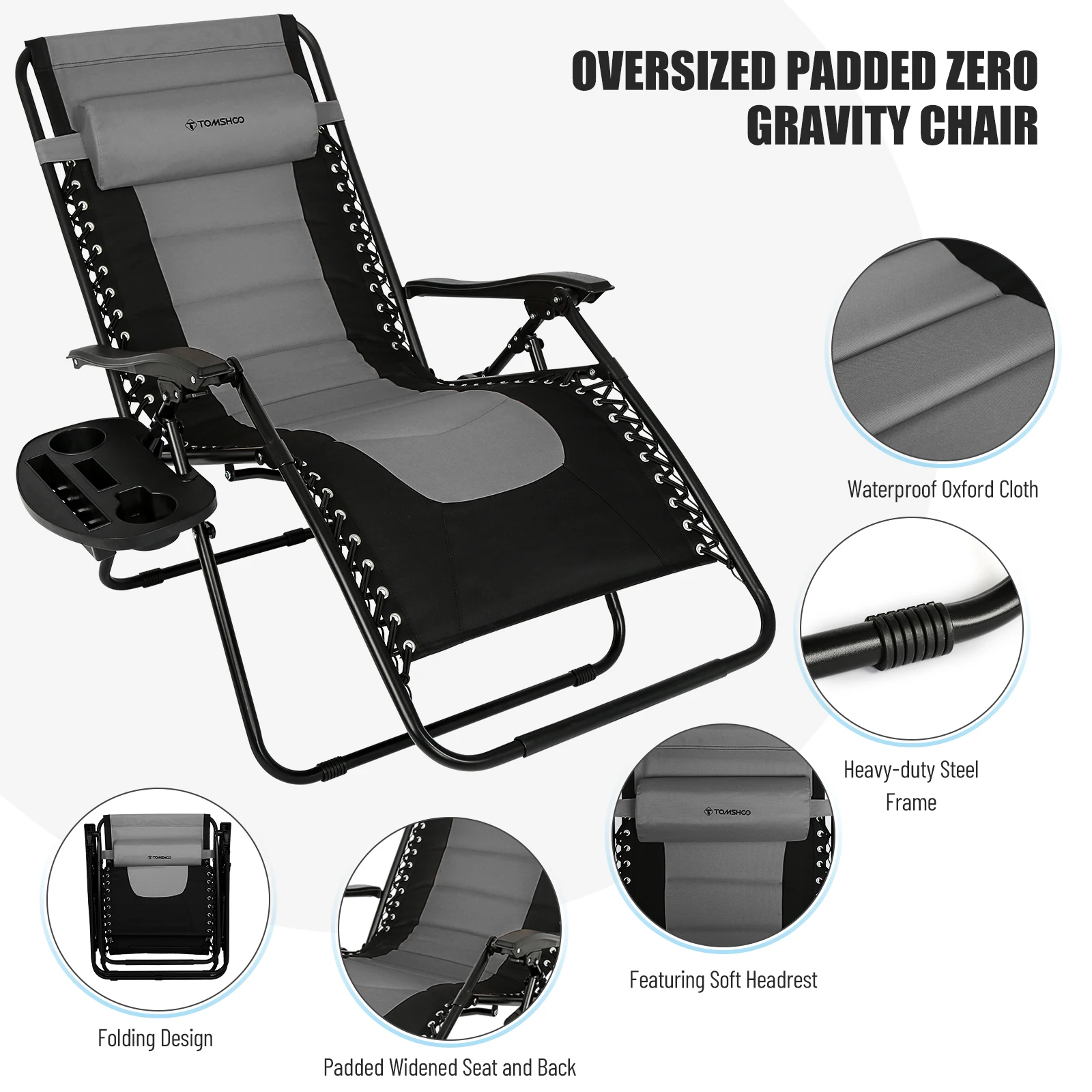 Tomshoo Outdoor Folding Lounge Chair Waterproof Oxford Cloth w Adjustable Patio Zero Gravity Reclining Chair for Lawn Backyard