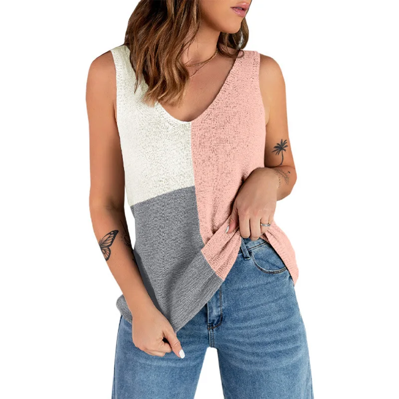 

New Women's Vest Splicing Contrasting Color Knitted Loose Casual Suspender Top